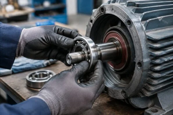 Technician fitting a replacement ball bearing onto an electric motor shaft in a repair workshop