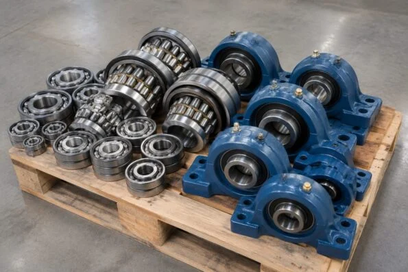 Ball bearings, roller bearings and bearing housings packed together on a single shipping pallet