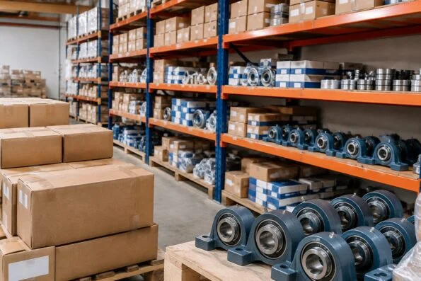 Warehouse shelves stocked with boxed industrial bearings and pillow block units ready for dispatch