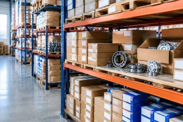Warehouse shelves stocked with boxed industrial bearings ready for dispatch