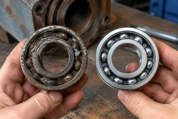 Worn bearing removed from an old machine, held next to a new replacement bearing