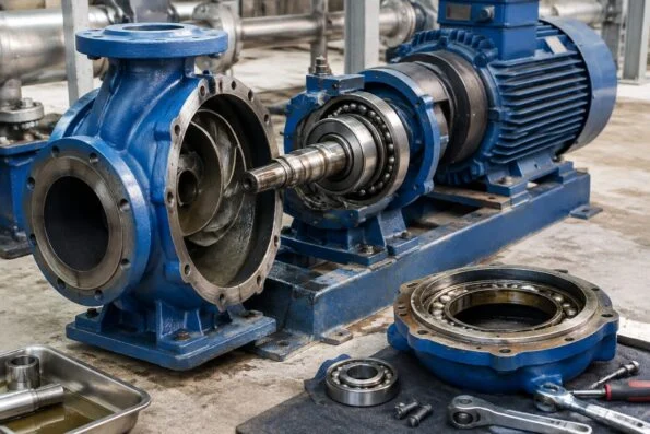 Industrial water pump opened for bearing replacement during an emergency repair