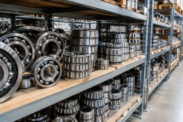 Rows of industrial ball and roller bearings stacked on warehouse shelving