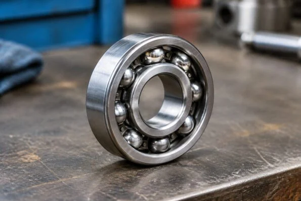 Close-up of a steel ball bearing resting on a workshop bench