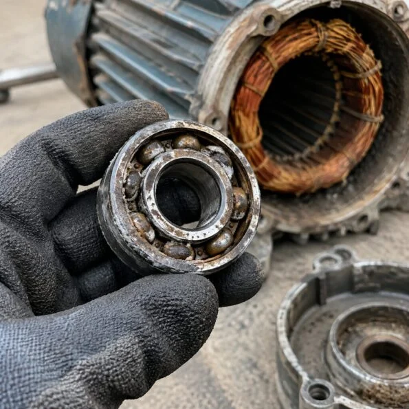 Worn ball bearing removed from an old electric motor, held in a technician's gloved hand