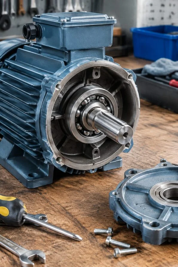 Electric motor on a repair bench with its end cover removed and the shaft bearing exposed