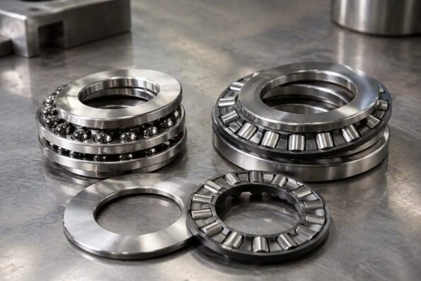 Thrust ball bearing and thrust roller bearing washers stacked on a steel workbench