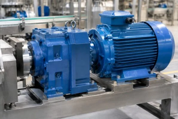 Gear reducer coupled to a motor on factory production equipment