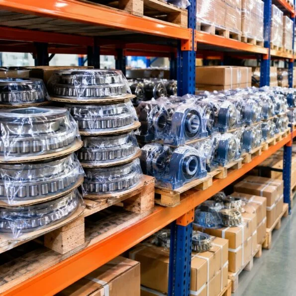 Packed industrial bearings on warehouse shelves ready for dispatch