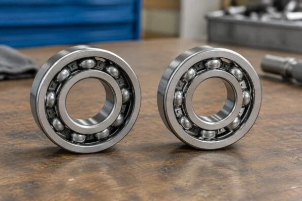 Two equivalent deep groove ball bearings from different manufacturers side by side on a workbench