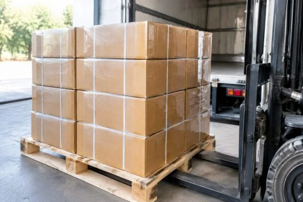 Packed bearing cartons on a pallet being loaded for express dispatch