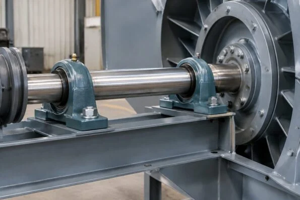 Industrial fan shaft supported by pillow block bearing units