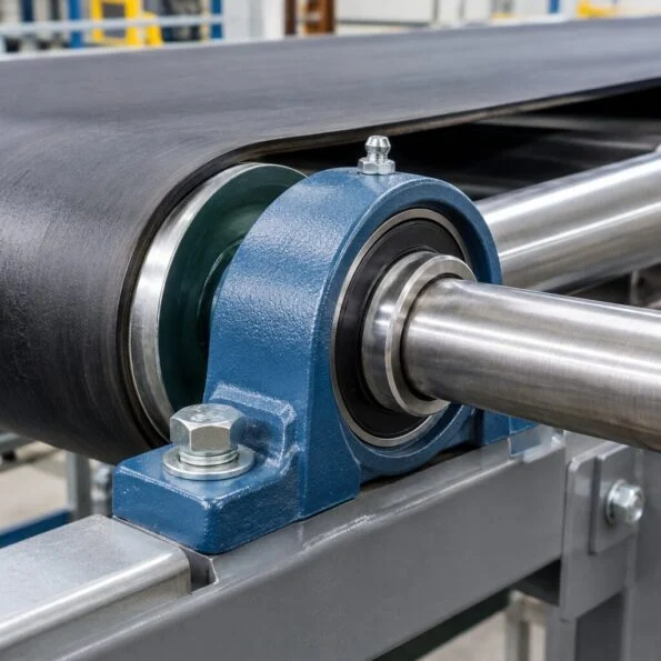 Pillow block bearing unit mounted on a conveyor shaft