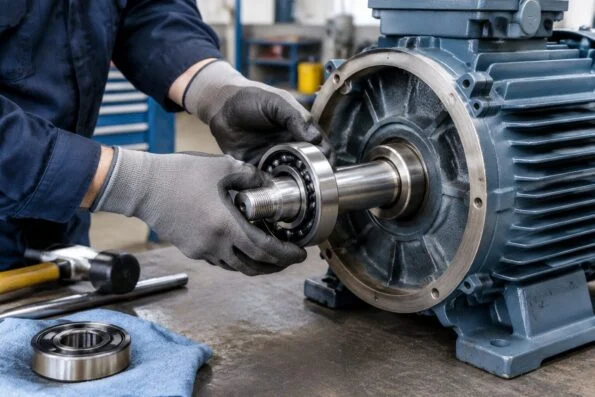 Maintenance technician fitting a new bearing onto an electric motor shaft in a workshop