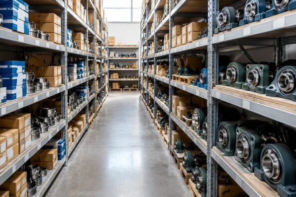 Warehouse aisle with steel shelving stacked with boxed industrial bearings and mounted bearing units
