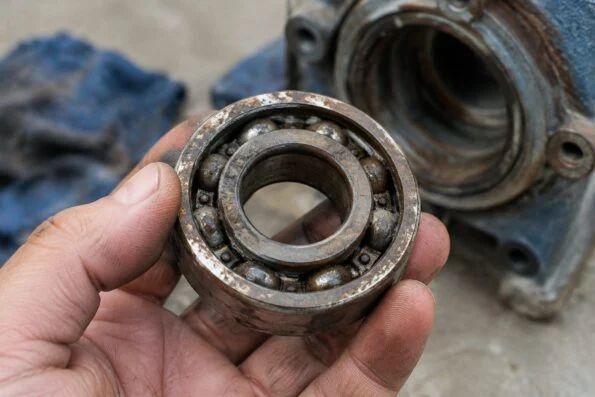 Close-up of a worn bearing removed from an old pump, held in a technician's hand