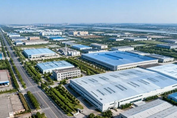Aerial view of an industrial zone with factory roofs and roads in Liaocheng, Shandong