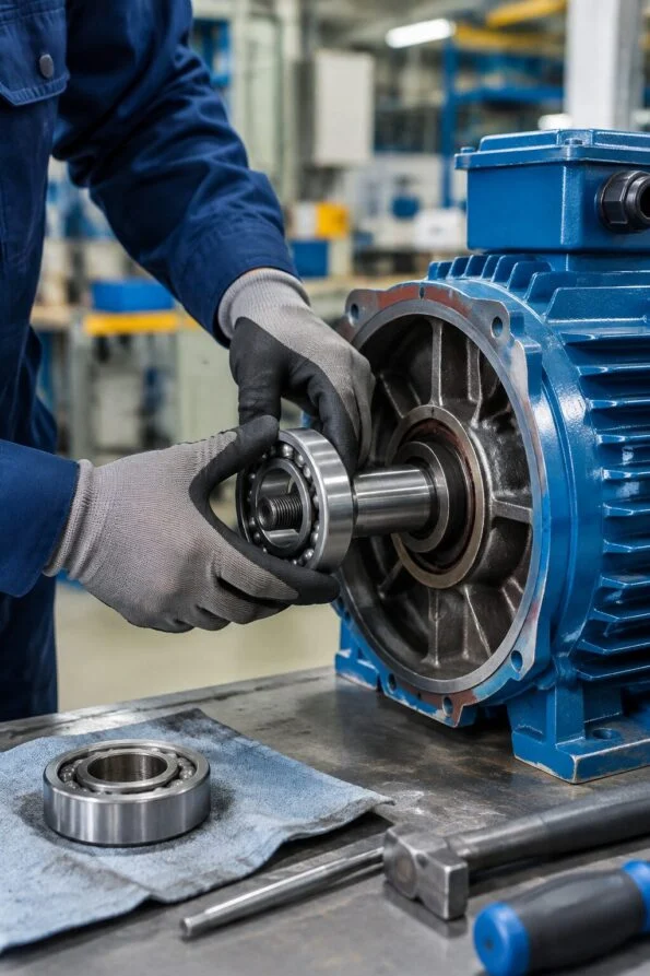 Maintenance technician replacing a bearing on an electric motor in a factory