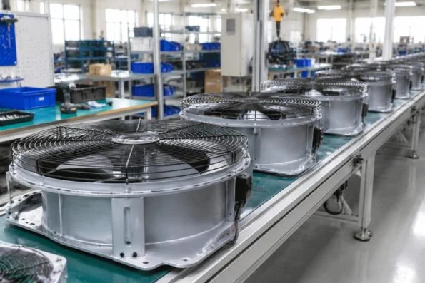 Industrial fan assembly line at a small equipment manufacturer