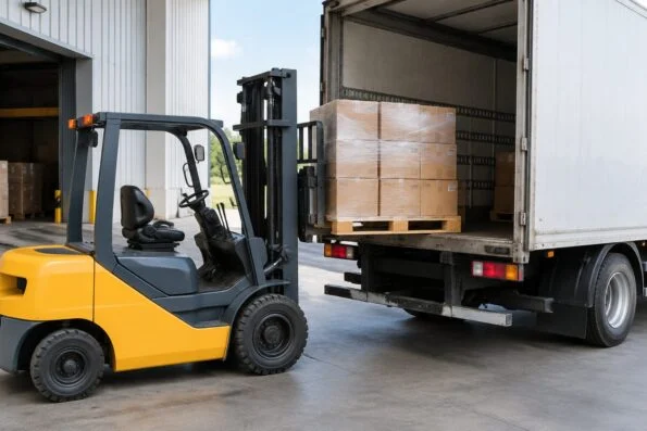 Forklift loading packed bearing cartons onto a truck at a dispatch dock