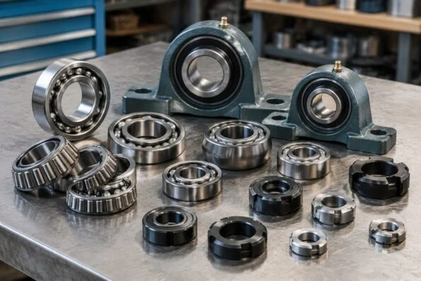 Assorted industrial bearings, pillow block units and lock nuts arranged on a steel workbench
