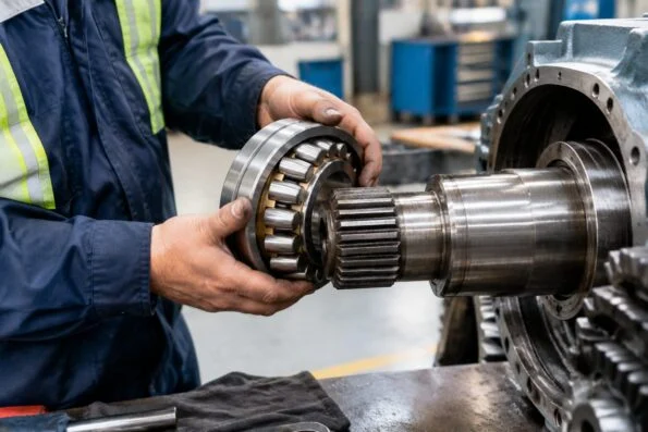 Maintenance supervisor checking a spherical roller bearing against a gearbox shaft in a plant workshop
