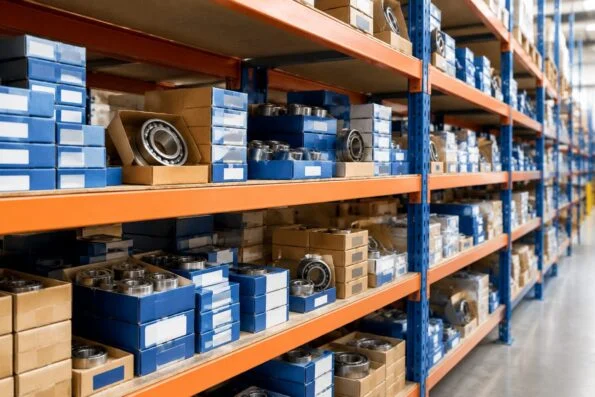 Warehouse shelves stocked with boxed industrial bearings ready for picking