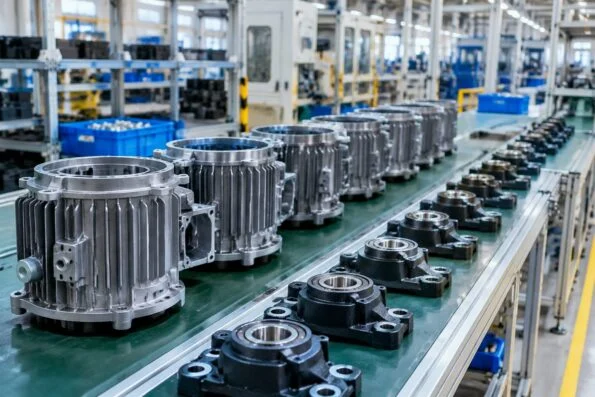 Industrial fan assembly line with motor housings and bearing units ready to fit