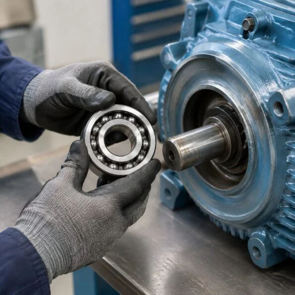 Maintenance technician holding a deep groove ball bearing next to an electric motor